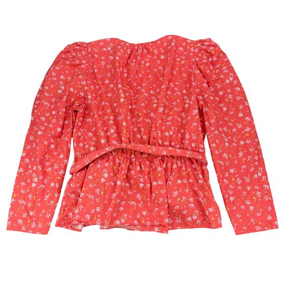 ZARA Red Floral Print Top Blouse With Belt Puff Shoulder Size XL - Picture 13 of 13
